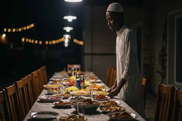 Nigerianischer Empfang Bedürftiger durch Wohlhabende mit Iftar-Tafeln
