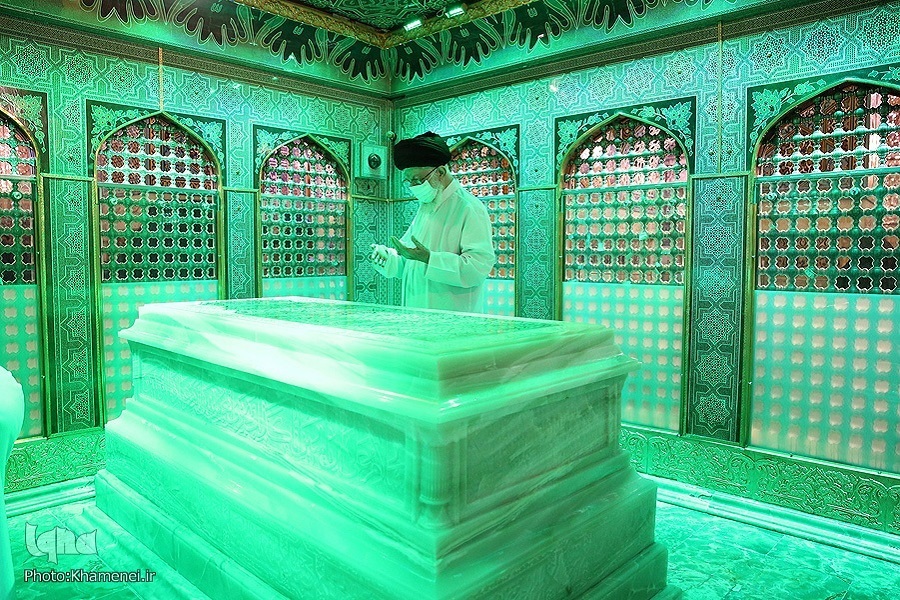 Ayatollah Khameni dusting holy tomb of Imam Reza (AS) in August 2022.