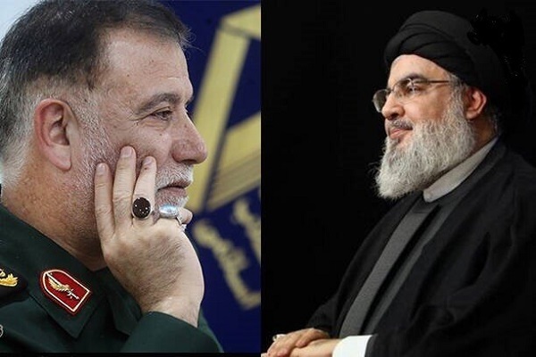 Hezbollah Secretary General Sayed Hassan Nasrallah (R) and and Iranian commander Brigadier General Abbas Nilforoushan (L).