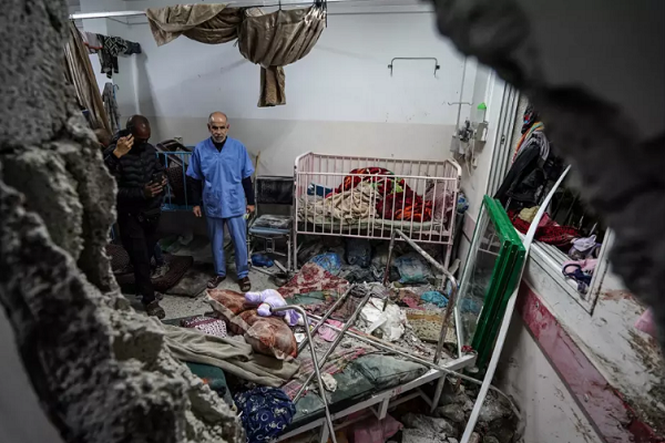 The pediatric department at Nasser Hospital in Gaza's Khan Younis after it was