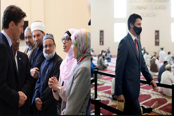 Muslims talk to Canadian prime minister during a visit to a mosque
