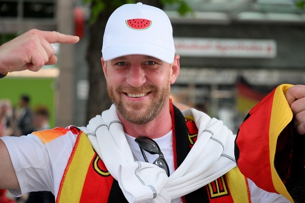 A football fan in Germany wearing a watermelon cap in solidarity with Gaza during EURO 2024