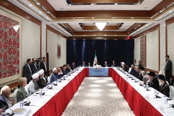 Iranian President Masoud Pezeshkian addressing meeting with leaders of divine religions in New York on September 24, 2024.