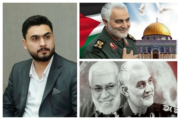 Martyr Qassem Soleimani, Martyr Abu Mahdi al-Muhandis and Iraqi analyst Salah al-Zubaidi (Left)