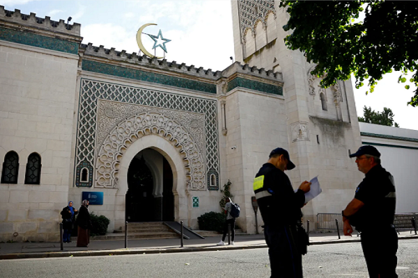 Police patrolling a mosque in the central French city of Clermont-Ferrand, after a man stormed the mosque and tore up copies of the Quran, vandalized the premises and issued threats in front of worshippers.
