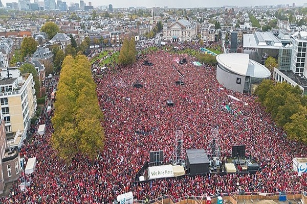 A massive rally took place in Amsterdam on Sunday, October 7, 2025,  during which protesters urged the government of the Netherlands to take a more serious stance against the Israeli genocidal war on Gaza.