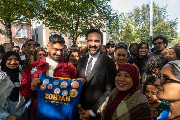 Democratic mayoral candidate Zohran Mamdani speaks to volunteers at the Muslim Democratic Club of New York's canvass at Sean's Place Park on October 19, 2025 in the Queens borough of New York City.