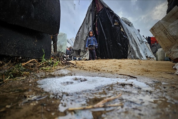 Dozens of tents and shelters housing displaced civilians have been flooded in the Gaza Strip amid rainfall and cold weather (February 13, 2025).