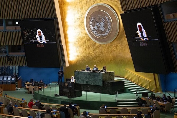 Muslim World League Secretary General Sheikh Mohammed bin Abdulkarim Al-Issa speaking at the UN General Assembly on March 14, 2025.