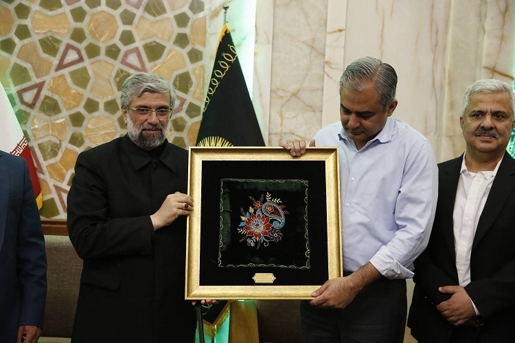 Pakistan’s Interior Minister Syed Mohsin Raza Naqvi receives a gift during a visit to the holy shrine of Imam Reza (AS) in Mashhad on Tuesday, July 15, 2025.
