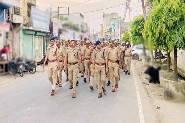 Police patrolling in Shahjahanpur, India’s Uttar Pradesh, after a man was arrested over a social media post on September 13, 2025.
