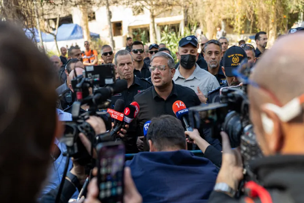 Israeli regime’s minister of national security Itamar Ben-Gvir visits the site of a rocket strike in Tel Aviv, occupied Palestine.