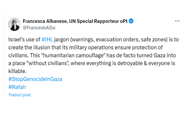 Relatora de ONU: Israel crea ilusión de protección civil en Gaza