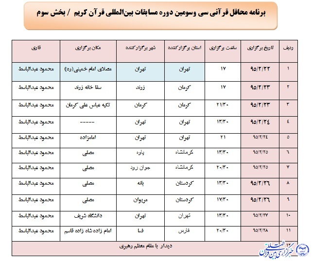 محافل قرآنی همزمان با مسابقات بین‌المللی قرآن برپا می‌شود + جدول