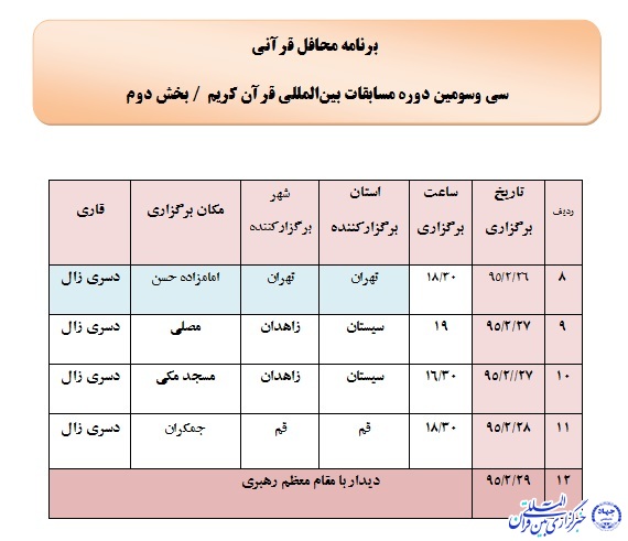 محافل قرآنی همزمان با مسابقات بین‌المللی قرآن برپا می‌شود + جدول