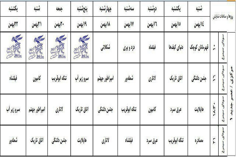 جدول زمانی اکران فیلمهای سودای سیمرغ در ارک جدول زمانی اکران فیلمهای سودای سیمرغ در ارک