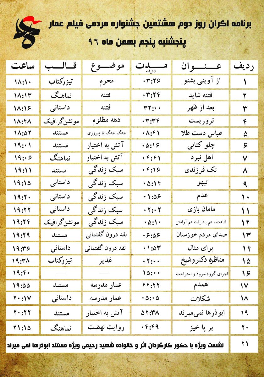 جدول پخش فیلم های هشتمین جشنواره عمار خوزستان اعلام شد