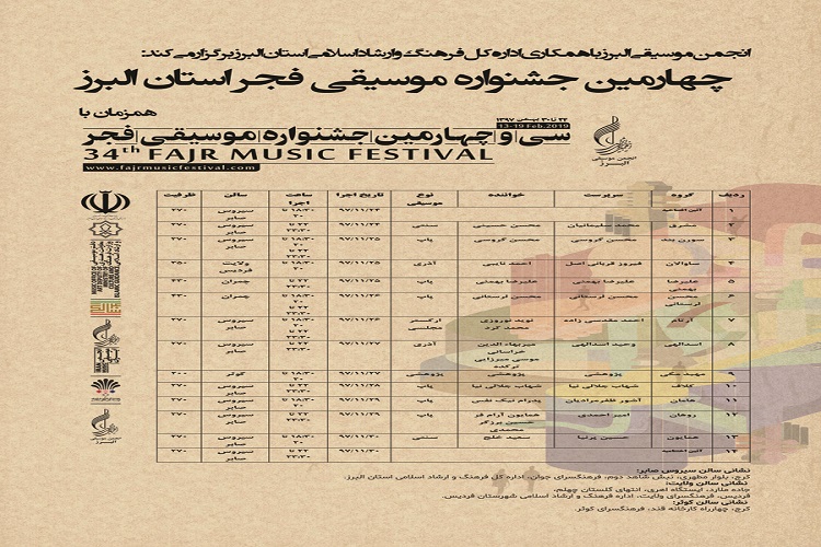 جدول زمانبندی چهارمین جشنواره موسیقی فجر البرز منتشر شد جدول زمانبندی چهارمین جشنواره موسیقی فجر البرز منتشر شد