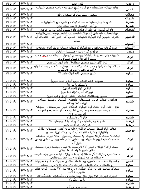 زمان خاموشی&zwnj;های احتمالی امروز در نقاط مختلف استان مرکزی + جدول