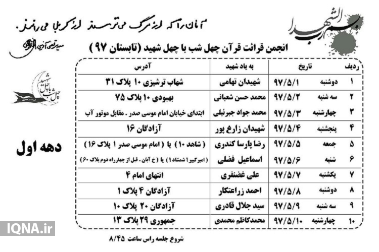 سلسله محافل قرآنی &laquo;چهل&zwnj;شب با چهل&zwnj;شهید&raquo; در کاشمر آغاز شد