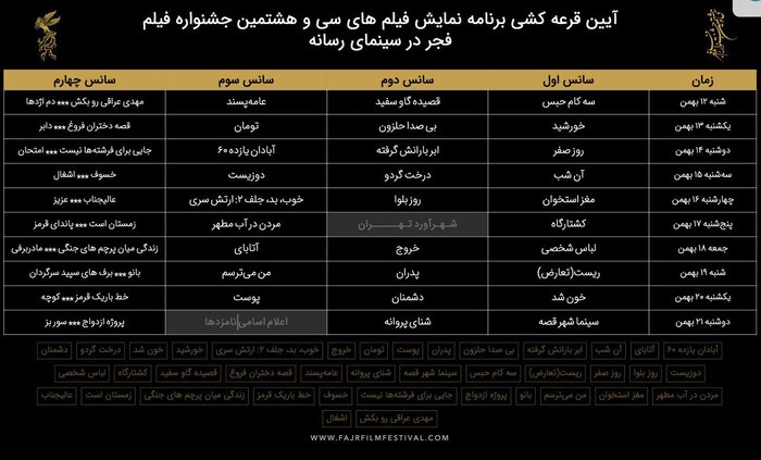 جدول نمایش سی‌و‌هشتمین جشنواره فیلم فجر قرعه‌کشی شد