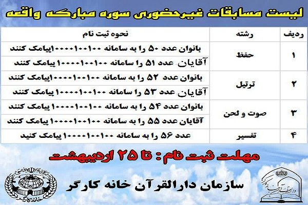 ثبت نام مسابقات غیر حضوری سوره «واقعه» تمدید شد