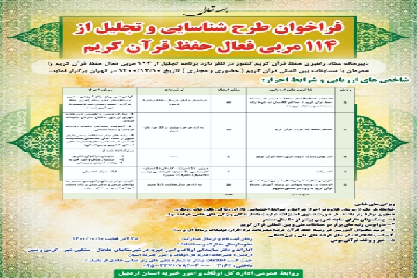 اجرای طرح ملی تجلیل از ۱۱۴ مربی فعال حفظ قرآن کریم در اردبیل