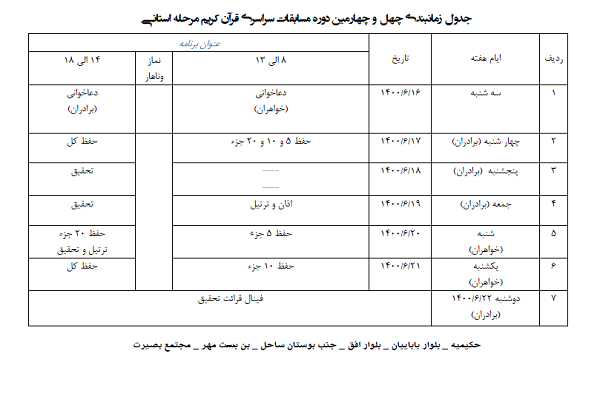 اعلام برنامه زمانی مسابقات قرآن استان تهران