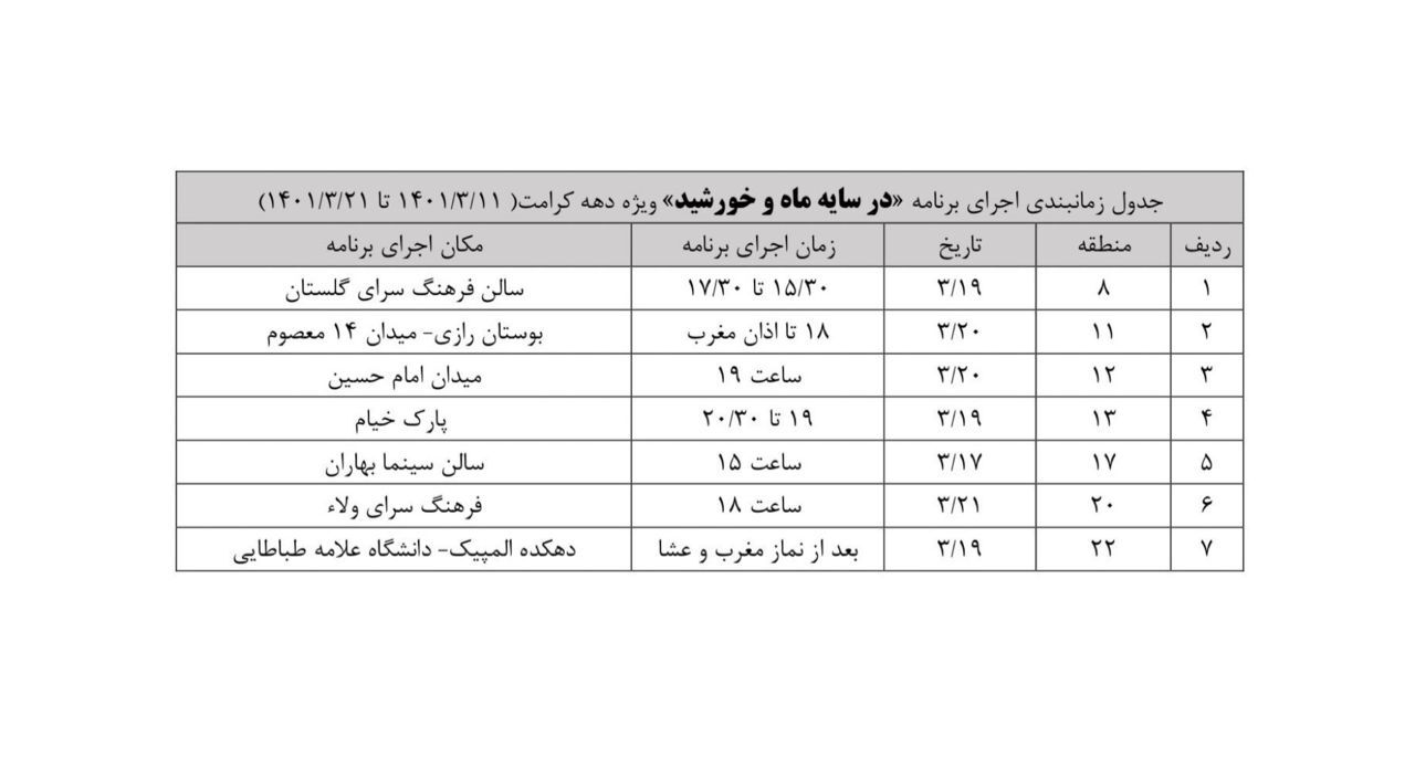 اجرای جشن‌های «در سایه ماه و خورشید» در ۱۰ نقطه تهران