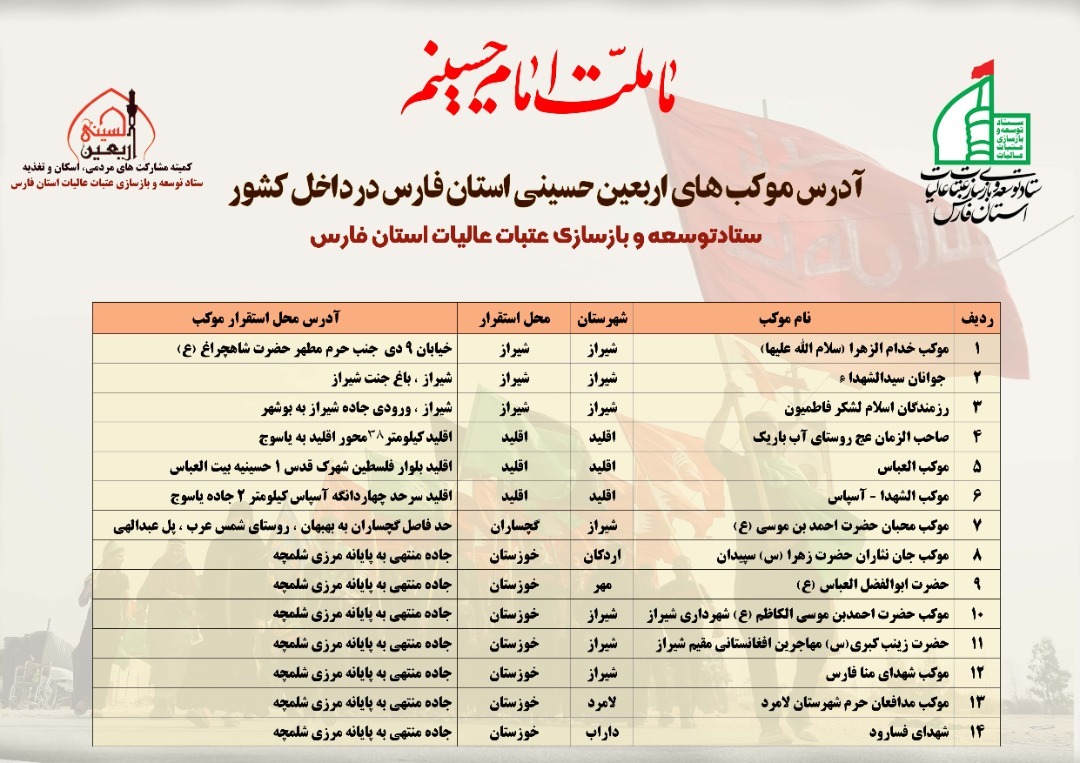 لیست موکب های اربعین حسینی استان فارس اعلام شد