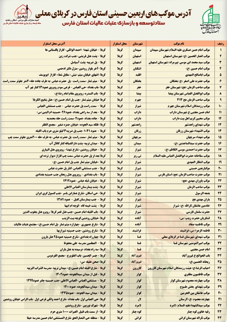 لیست موکب های اربعین حسینی استان فارس اعلام شد