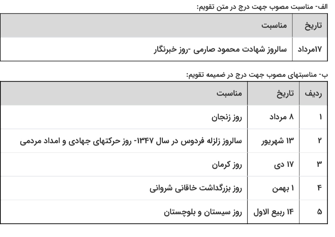 ابلاغ ماده واحده «تعیین مناسبت‌‌های جدید برای درج در تقویم»