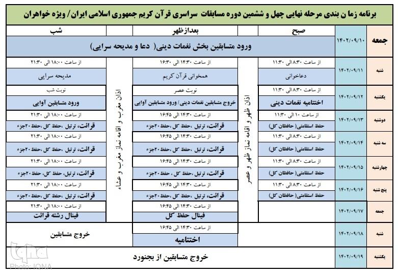 برنامه زمان‌بندی مرحله نهایی مسابقات سراسری قرآن کریم