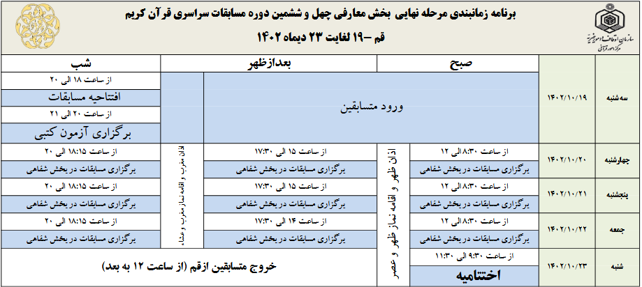 اعلام برنامه زمانی بخش معارفی مسابقات سراسری قرآن + جزئیات