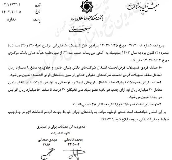 ابلاغ سقف وام قرض‌الحسنه اشتغالزایی شرکت‌های دانش بنیان