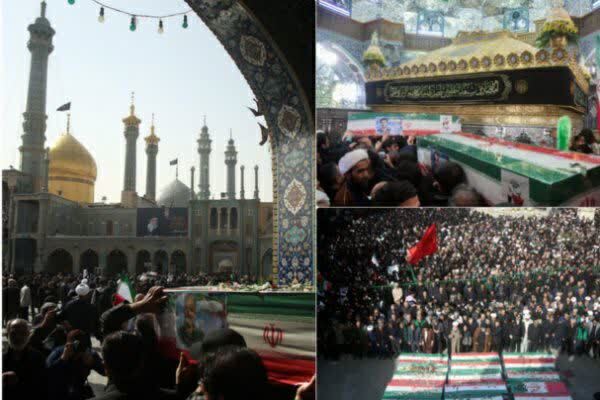 وداع باشکوه مردم قم با ۱۸ شهید جنگ رمضان در حرم بانوی کرامت + فیلم