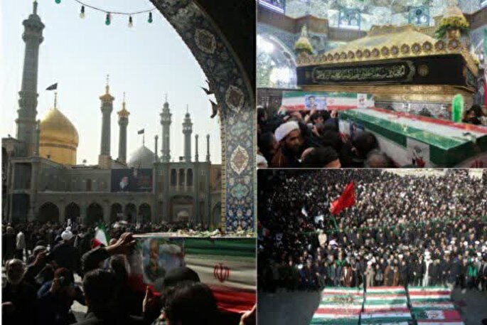 وداع باشکوه مردم قم با ۱۸ شهید جنگ رمضان در حرم بانوی کرامت + فیلم