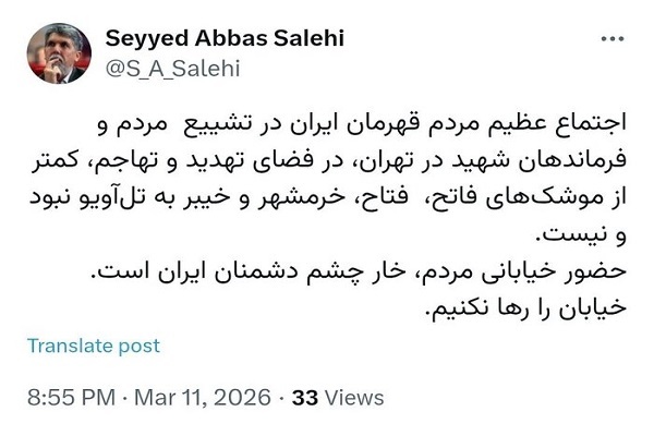 ارسالی////وزیر فرهنگ: ‏حضور خیابانی مردم، خار چشم دشمنان ایران است