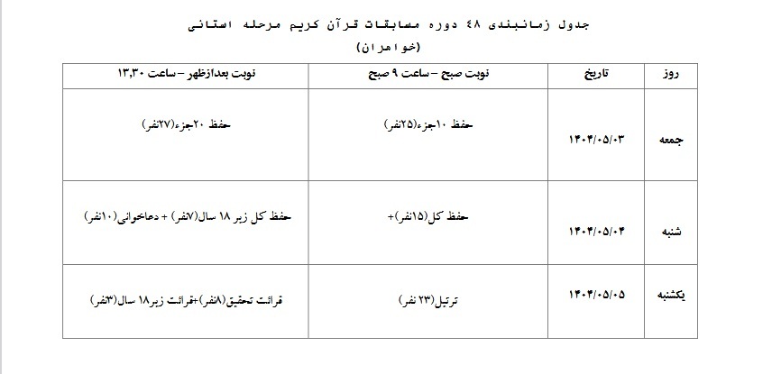 اعلام برنامه زمانی مسابقات قرآن استان تهران