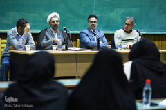 از راست حسن حضرتی، سید احمدرضا خضری و رسول جعفریان در نشست تاریخنگاری سیدجعفر مرتضی عاملی
