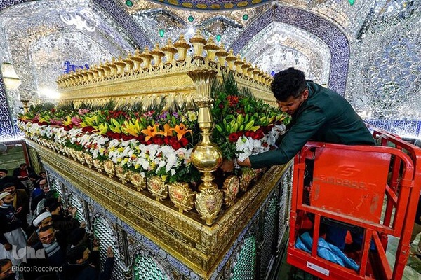 گل آرایی ضریح‌مطهر علوی به مناسبت سالروز ولادت امیرالمومنین حضرت علی (ع)