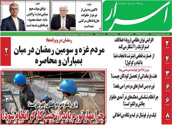صفحات نخست روزنامه‌های سه‌شنبه ۵ اسفند ۱۴۰۴