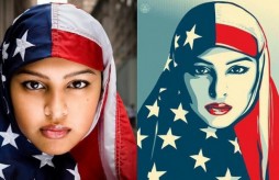 Une femme voil&eacute;e aux couleurs am&eacute;ricaines symbole de la contestation anti-Trump