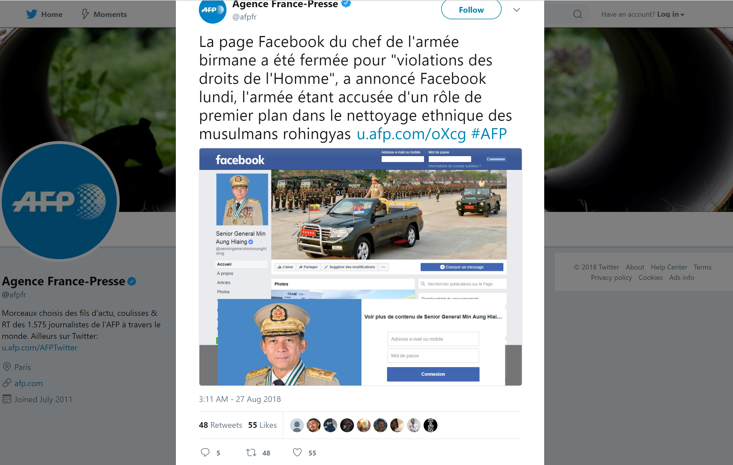 La page Facebook d&rsquo;un chef militaire birman ferm&eacute;e
