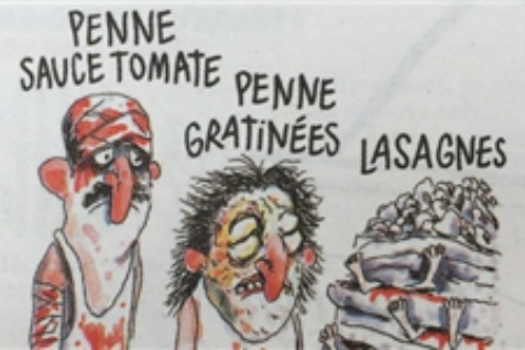 Vignetta di Charlie Hebdo sul sisma, vittime sepolte dal sugo e pasta
