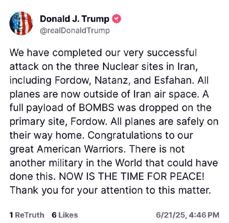 Trump mendakwa: Serangan ke atas tiga tapak nuklear Iran selesai