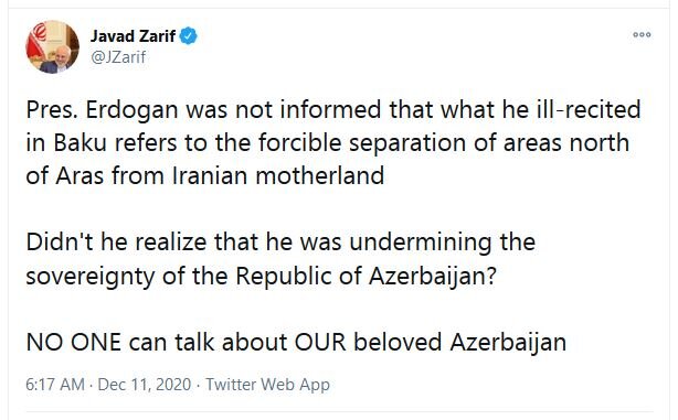 Zarif'ten Erdoğan'ın okuduğu 
