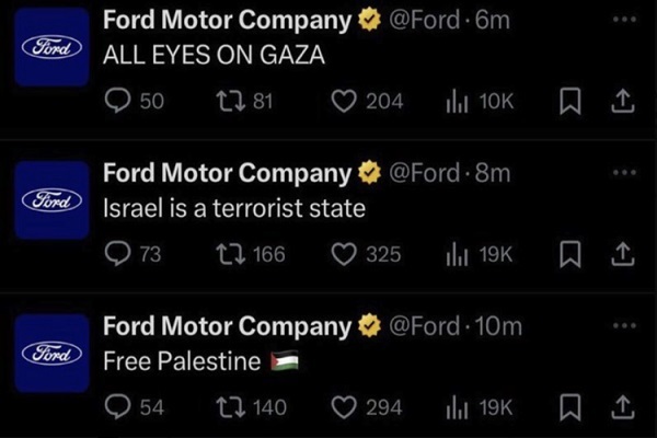 Ford'un X hesabından Filistin'i destekleyen mesajlar paylaşıldı