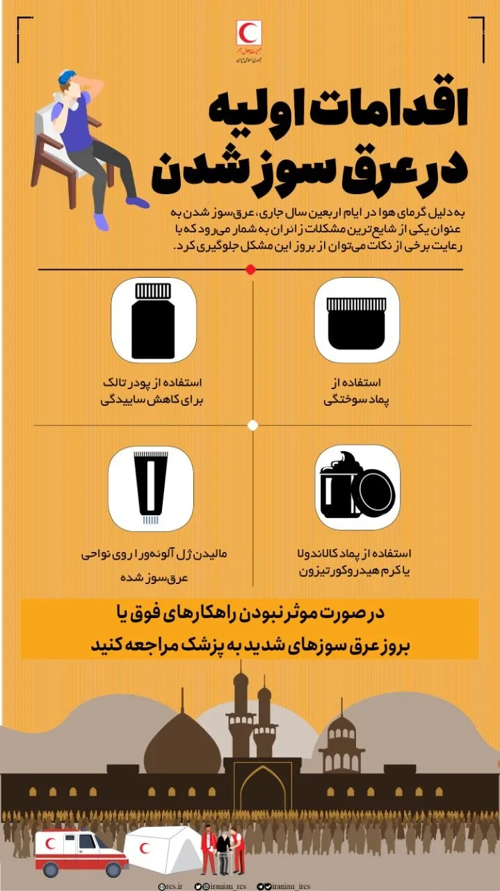 پیشگیری و اقدامات اولیه عرق سوز شدن در پیاده روی اربعین پیشگیری و اقدامات اولیه عرق سوز شدن در پیاده روی اربعین