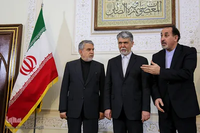 حسن بلخاری، سیدعباس صالحی، وزیر فرهنگ و ارشاد اسلامی و رضا صالحی امیری در مراسم بزرگداشت آیت‌الله جوادی‌آملی